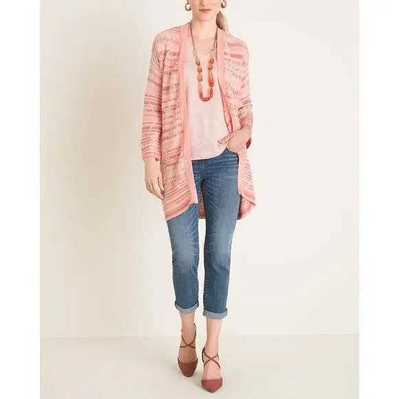 Chico's Embroidered Striped Jacquard Cardigan Pink Size M - Picture 7 of 8